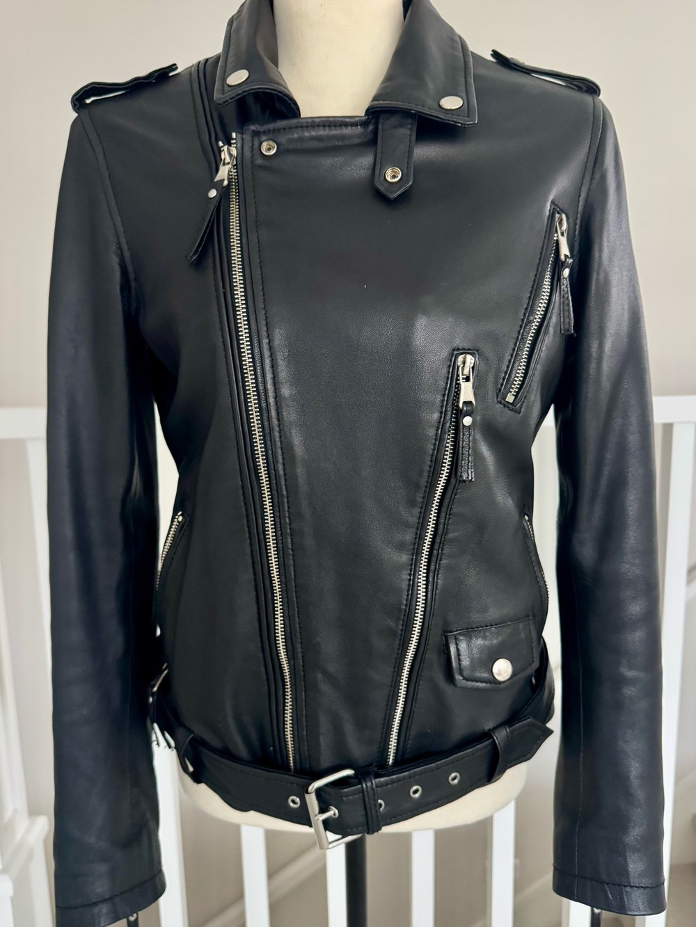 Classic Black Leather Moto Jacket with Belted Hem